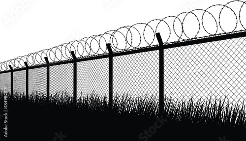 Barbed wire security fence silhouette with chain link mesh, perimeter protection boundary concept, industrial safety barrier illustration black and white