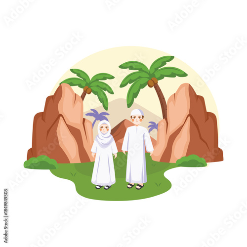 A flat illustration depicting one of the spiritual rituals of Hajj pilgrimage, showing pilgrims in ihram within a symbolic desert landscape.