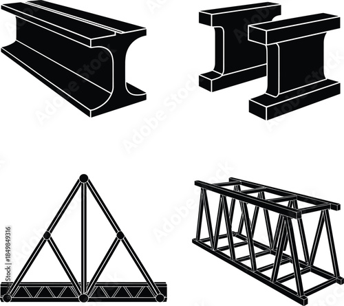 Collection of steel structural elements icons vector illustration metal I-beams H-beams and engineering trusses on white.