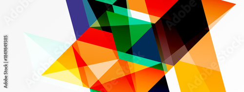 Abstract geometric shapes overlap, creating vibrant color contrasts. Composition features triangles, lines, warm cool tones.