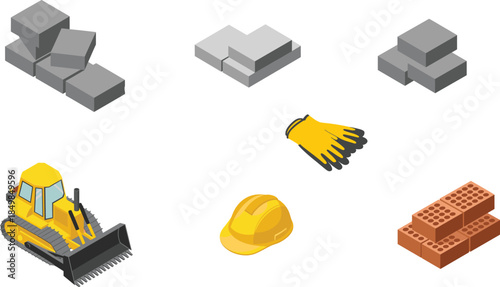Construction materials and equipment icons, bulldozer, concrete blocks, bricks, safety helmet, gloves for building, engineering, industrial illustration set, design, vector
