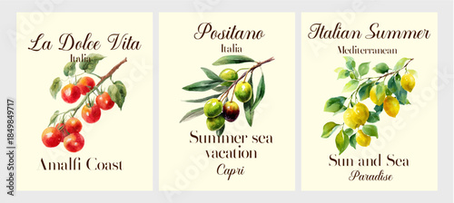 Italian poster with lemons, olives and Mediterranean cuisine. Illustration of a summer brunch on the Amalfi coast with tomatoes, olives and decorative lemon patterns.