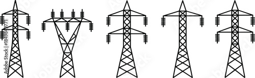 Electric transmission tower icons, power line pylons collection, high voltage energy infrastructure symbols for electricity grid, engineering, design