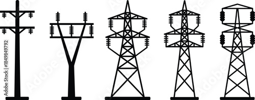 Electric transmission tower icons, power line pylons collection, high voltage energy infrastructure symbols for electricity grid, engineering, industry, utility, design