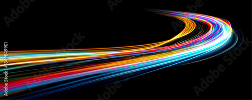 Abstract neon speed lines spiral across a night-time city street. Glowing light ribbons highlight rapid motion and futuristic energy flow. Modern digital illustration isolated in vector.
