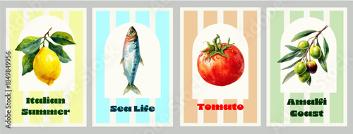 Vibrant Italian poster featuring Amalfi lemons, Mediterranean seafood, and summer coastal elements. Perfect for travel designs, vintage postcard prints, or restaurant branding with authentic Italy.