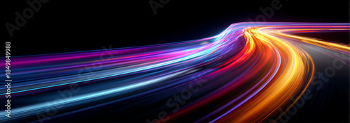 Neon speed lines twist and flow along a glowing night city road. Light trails and spirals emphasize fast motion and digital acceleration. Futuristic technological illustration in vector.