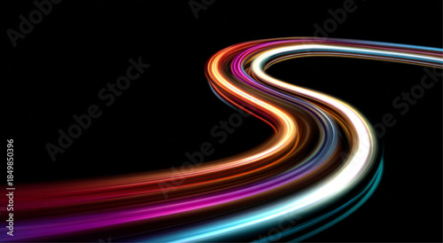 Neon speed lines twist and swirl across a futuristic night city road. Glowing trails emphasize fast motion and energy flow. Abstract digital illustration isolated in vector.