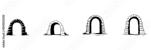 Stone Archway Doodle Sketch Set. Historical Architecture And Ancient Gateway Designs In Hand Drawn Style Collection. Rustic And Medieval Structure Illustrations. Isolated Vector Illustration