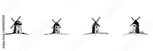 Windmill Doodle Sketch Set. Traditional Energy And Agricultural Heritage In Hand Drawn Style Collection. Vintage Rural Landscape Elements. Isolated Vector Illustration