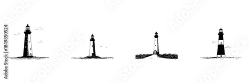 Lighthouse Doodle Sketch Set. Coastal Navigation And Maritime Safety In Hand Drawn Style Collection. Nautical Landmarks And Oceanic Guidance. Isolated Vector Illustration