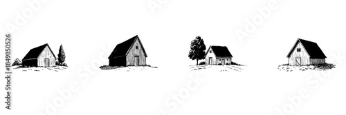 Rustic Barns And Farmhouses Doodle Sketch Set. Rural Architecture And Countryside Living In Hand Drawn Style Collection. Vintage Farm Buildings And Landscape. Isolated Vector Illustration