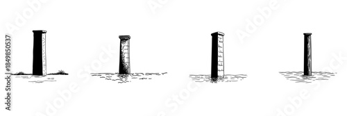 Ancient Stone Pillars Doodle Sketch Set. Historical Architecture And Structural Design In Hand Drawn Style Collection. Classic Column Illustrations. Isolated Vector Illustration