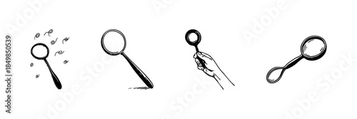 Magnifying Glass Doodle Sketch Set. Exploration, Investigation, And Discovery Tools In Hand Drawn Style Collection. Vintage Magnification Illustrations. Isolated Vector Illustration