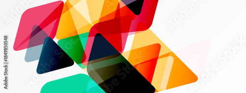 Abstract colorful triangles overlap, creating dynamic composition. Bright hues contrast with white background. Modern design element.