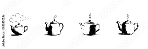 Teapot With Steam Doodle Sketch Set. Tea Brewing, Relaxation, And Warm Beverage Preparation In Hand Drawn Style Collection. Vintage Kitchenware Illustration. Isolated Vector Illustration