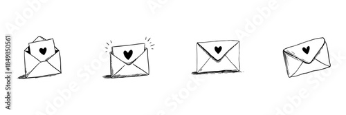 Love Letter Envelopes Doodle Sketch Set. Romantic Communication And Affectionate Messages In Hand Drawn Style Collection. Heart Symbol On Envelopes. Isolated Vector Illustration