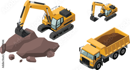 Heavy construction machinery illustration featuring excavator and dump truck, earthmoving equipment for mining, road building, engineering projects design