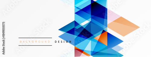 Abstract geometric shapes overlap, creating vibrant blue, orange hues. Minimalist design features text background, design. Clean white space dominates image.