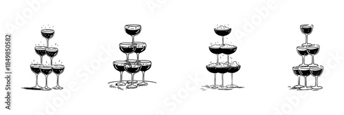 Champagne Tower Doodle Sketch Set. Celebration And Festivity Symbol In Hand Drawn Style Collection. Party, Luxury, And Elegance Concept. Isolated Vector Illustration