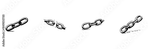 Chain Links Doodle Sketch Set. Strength, Connection, And Breakage Concepts In Hand Drawn Style Collection. Symbolizing Unity And Weakness. Hand Drawn Isolated Vector Illustration