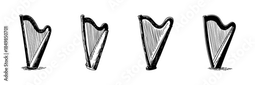 Harp Instrument Doodle Sketch Set. Musical String Instrument Illustrations In Hand Drawn Style Collection. Classical Music And Artistic Expression. Isolated Vector Illustration