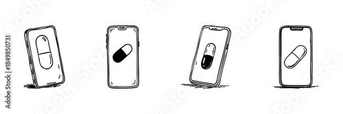 Smartphone With Pill Doodle Sketch Set. Digital Health, Online Pharmacy, And Medication Management In Hand Drawn Style Collection. Telemedicine And E-Health. Hand Drawn Isolated Vector Illustration