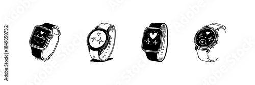 Smartwatch Heartbeat Monitor Doodle Sketch Set. Health Tracking And Fitness Monitoring In Hand Drawn Style Collection. Wearable Technology For Heart Rate And Wellness. Isolated Vector Illustration