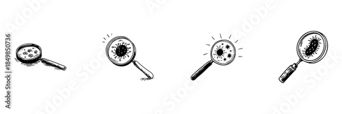 Magnifying Glasses With Germs Doodle Sketch Set. Microbiology And Bacteria Examination In Hand Drawn Style Collection. Scientific Research And Virus Detection. Isolated Vector Illustration