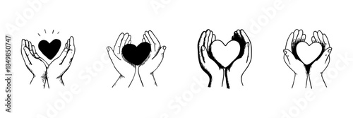 Hands Holding Heart Doodle Sketch Set. Love, Care, And Compassion Symbolism In Hand Drawn Style Collection. Emotional Connection And Support Representation. Isolated Vector Illustration