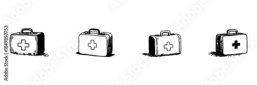 First Aid Kit Doodle Sketch Set. Emergency Medical Supplies And Healthcare Essentials In Hand Drawn Style Collection. Medical Assistance And Safety Preparedness. Isolated Vector Illustration