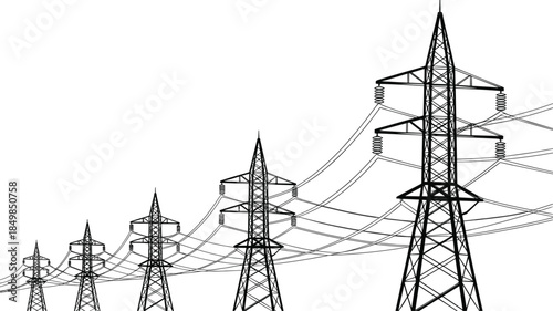 High voltage power transmission towers, electricity pylons with cables, energy infrastructure illustration for electric grid, engineering, industry, design, network, utility