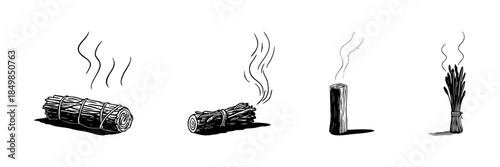 Smudging Sticks And Incense Doodle Sketch Set. Aromatherapy And Spiritual Cleansing Tools In Hand Drawn Style Collection. Sage, Palo Santo, And Herbal Bundles. Isolated Vector Illustration