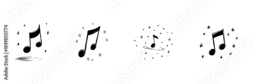 Musical Notes With Stars Doodle Sketch Set. Melody, Harmony, And Musical Expression In Hand Drawn Style Collection. Artistic Music Symbolism. Hand Drawn Isolated Vector Illustration