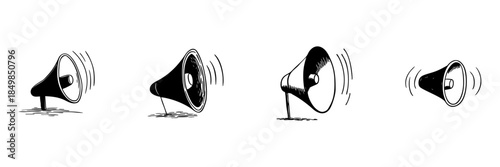 Megaphone Sound Waves Doodle Sketch Set. Amplification And Public Announcement In Hand Drawn Style Collection. Communication And Broadcasting Concept. Isolated Vector Illustration