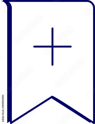 A simple blue cross symbol within a bookmark graphic on a black background