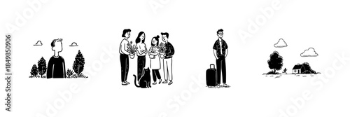 Young Man, Group With Plants, Traveler, And House Doodle Sketch Set. Exploration, Community, Travel, And Homecoming Themes In Hand Drawn Style Collection. Isolated Vector Illustration