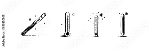 Thermometers With Temperature Variations Doodle Sketch Set. Weather And Climate Change Indicators In Hand Drawn Style Collection. Cold And Hot Temperature Representation. Isolated Vector Illustration