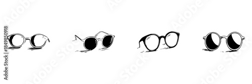 Round Glasses And Sunglasses Doodle Sketch Set. Fashionable Eyewear Styles And Optical Accessories In Hand Drawn Style Collection. Vintage And Modern Designs. Hand Drawn Isolated Vector Illustration