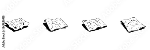 Folded Maps Doodle Sketch Set. Navigation, Exploration, And Adventure Planning In Hand Drawn Style Collection. Cartography And Travel Concept. Hand Drawn Isolated Vector Illustration