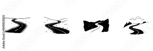 Winding Road Through Scenic Landscapes Doodle Sketch Set. Journey, Adventure, And Exploration Themes In Hand Drawn Style Collection. Nature And Travel Concept. Hand Drawn Isolated Vector Illustration