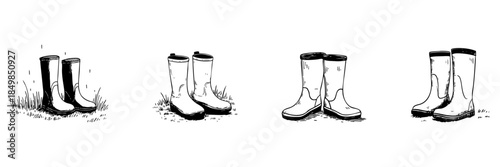 Rubber Boots Doodle Sketch Set. Outdoor Footwear For Rainy Weather And Gardening In Hand Drawn Style Collection. Protective Gear For Wet Conditions. Hand Drawn Isolated Vector Illustration