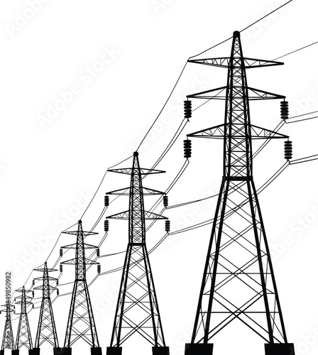 High voltage transmission towers, electric pylons with power lines, energy infrastructure illustration for electricity grid, engineering, industry, network design, utility systems