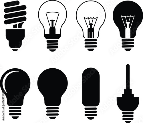 Light bulb icon set, energy saving lamps, incandescent and LED silhouettes, electricity symbols for ideas, innovation, power, design, vector, illustration