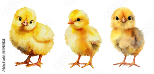Watercolor chicken illustration set featuring cute chicks and realistic hens. Easter spring farm birds in cartoon style with happy baby chickens on white background.