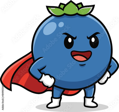 Superhero blueberry cartoon character with cape and green leaves on head