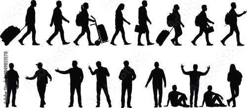 “Silhouette collection of people walking traveling carrying luggage standing talking and sitting in different poses for vector graphic design use”
