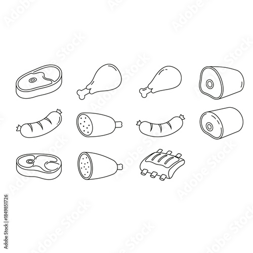 A collection of various meat cuts and sausages in a line drawing style