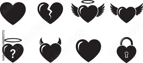 Collection of 8 heart symbols with various emotive and symbolic designs