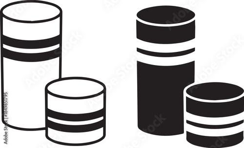 A black and white illustration of four cylindrical objects with horizontal stripes